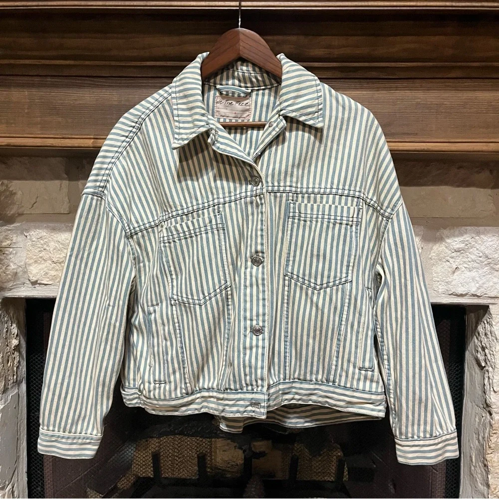 Free People We The Free Opal Swing Railroad Striped Denim Jacket Oversized Small - Picture 2 of 8
